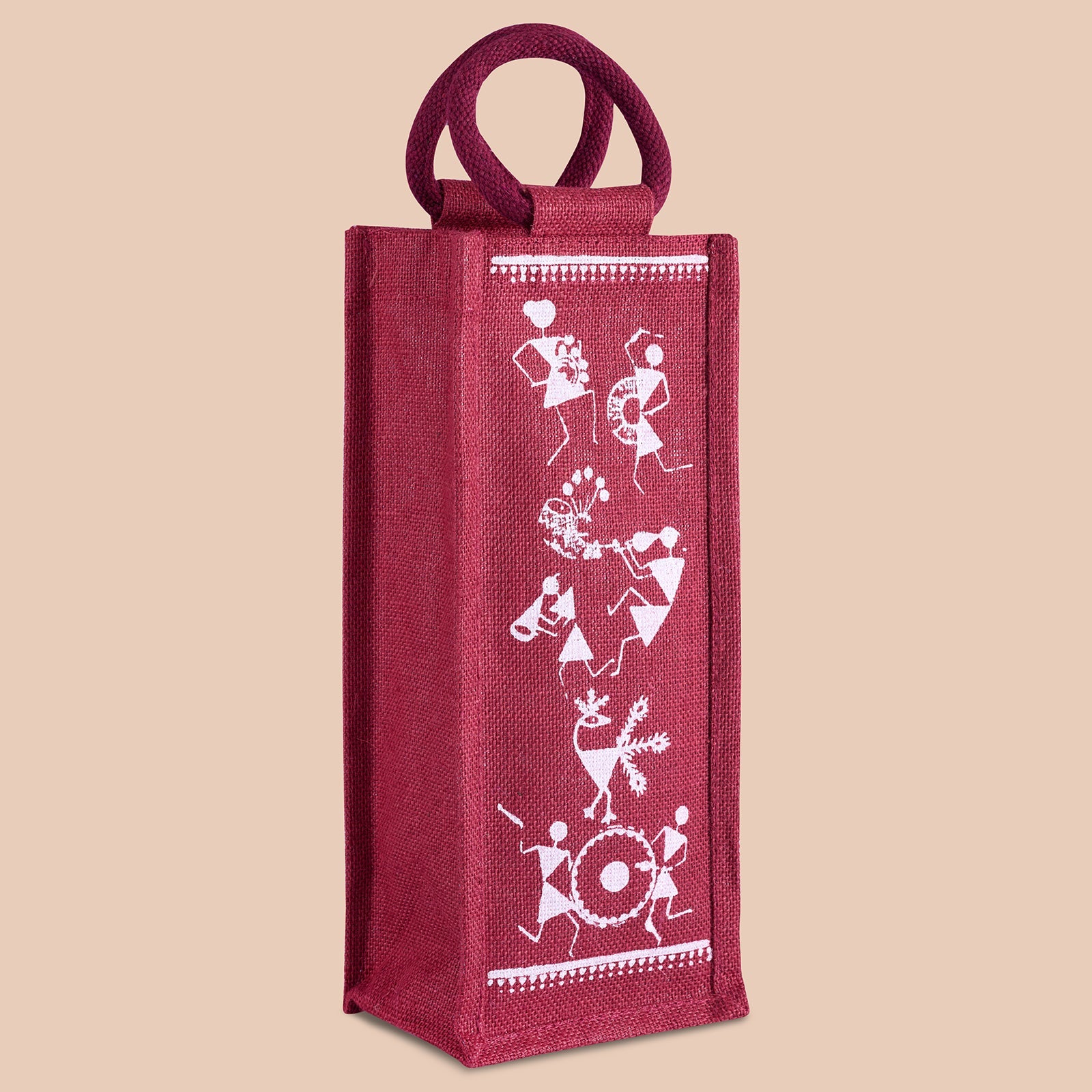 JUTE COTTAGE BOTTLE BAG WARLI PRINT, SUSTAINABLE, ECO-FRIENDLY, 100% GENUINE JUTE, STYLISH (NATURAL/BLACK 14X5X4.5)