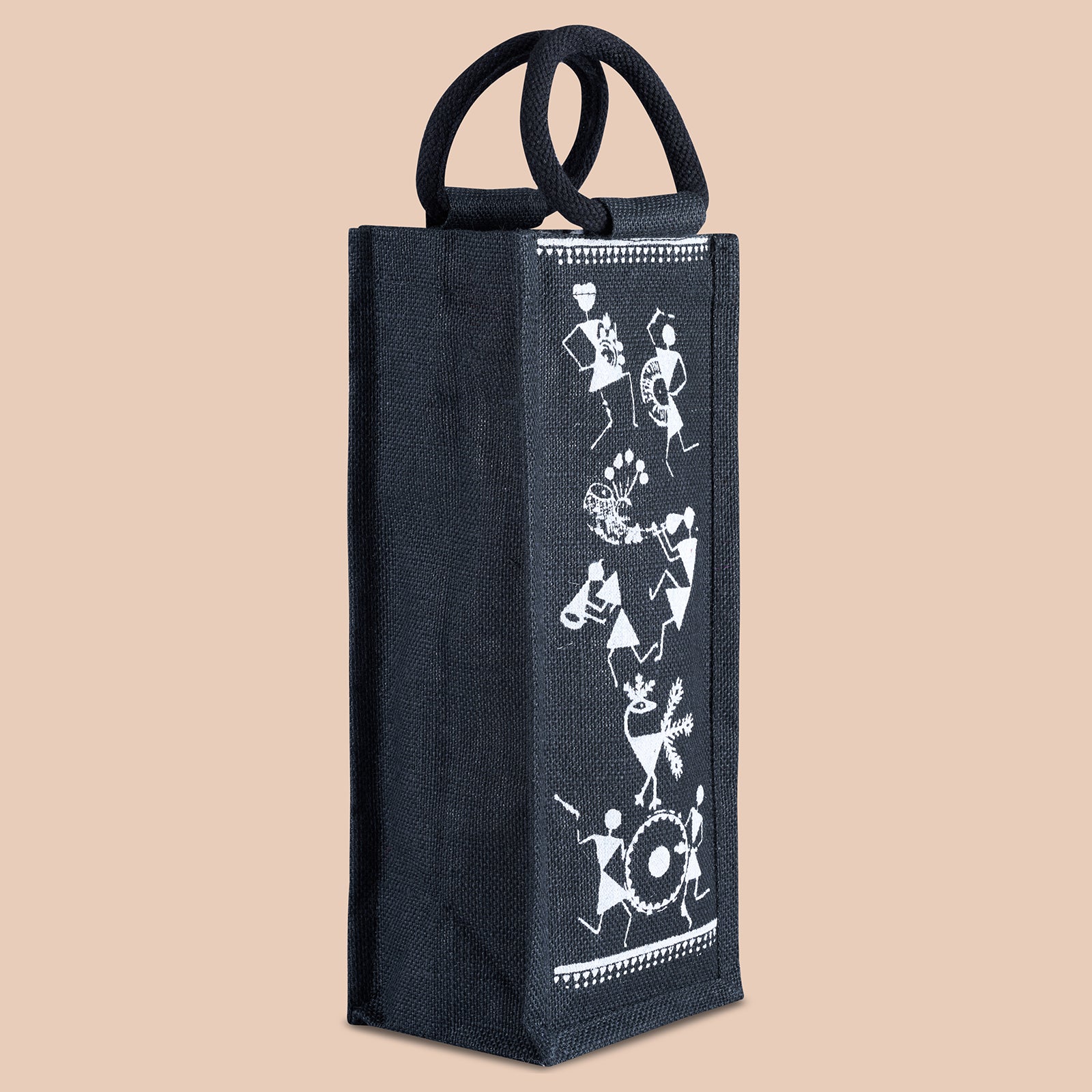 JUTE COTTAGE BOTTLE BAG WARLI PRINT, SUSTAINABLE, ECO-FRIENDLY, 100% GENUINE JUTE, STYLISH (NATURAL/BLACK 14X5X4.5)