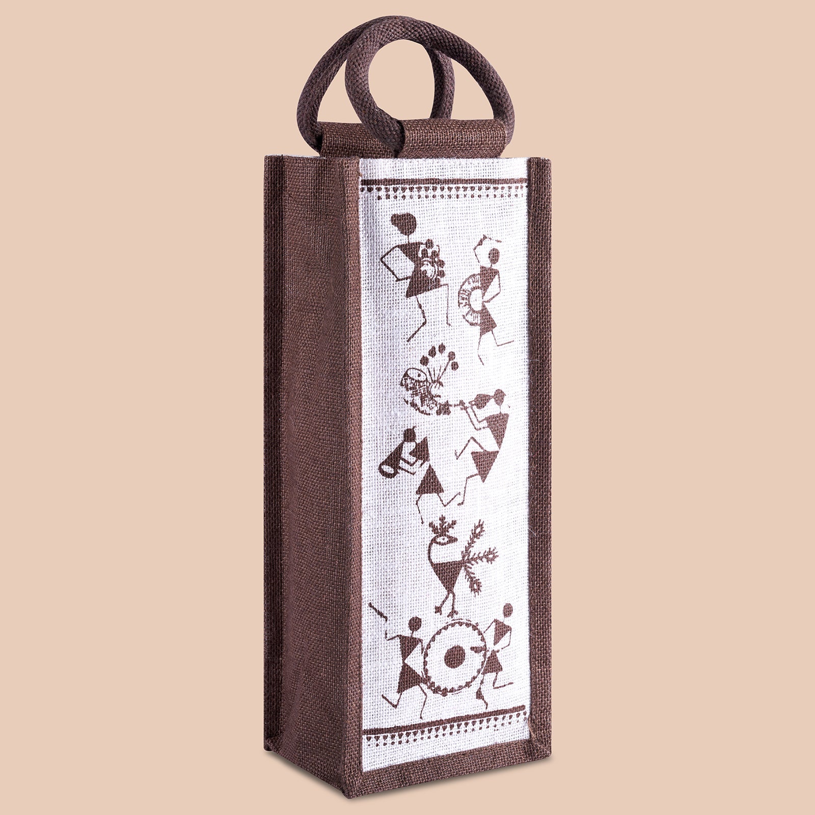JUTE COTTAGE BOTTLE BAG WARLI PRINT, SUSTAINABLE, ECO-FRIENDLY, 100% GENUINE JUTE, STYLISH (NATURAL/BLACK 14X5X4.5)