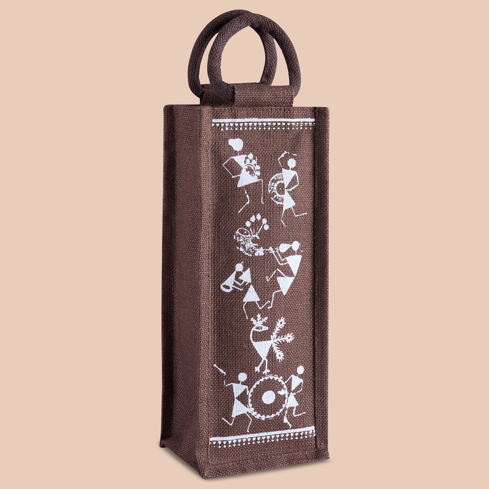 JUTE COTTAGE BOTTLE BAG WARLI PRINT, SUSTAINABLE, ECO-FRIENDLY, 100% GENUINE JUTE, STYLISH (NATURAL/BLACK 14X5X4.5)