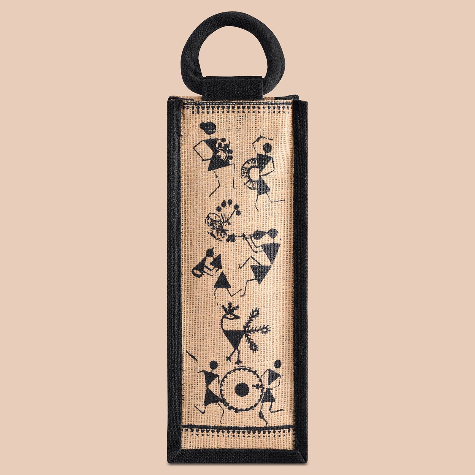 JUTE COTTAGE BOTTLE BAG WARLI PRINT, SUSTAINABLE, ECO-FRIENDLY, 100% GENUINE JUTE, STYLISH (NATURAL/BLACK 14X5X4.5)