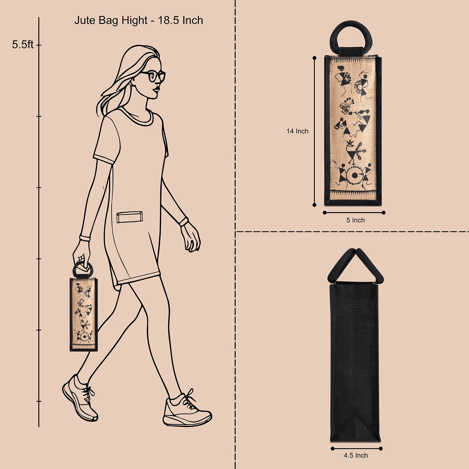 JUTE COTTAGE BOTTLE BAG WARLI PRINT, SUSTAINABLE, ECO-FRIENDLY, 100% GENUINE JUTE, STYLISH (NATURAL/BLACK 14X5X4.5)