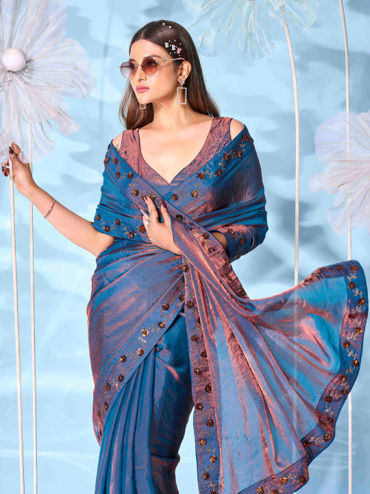 Embellished Satin Two Toned Saree With swaroski Border and sequinned butta