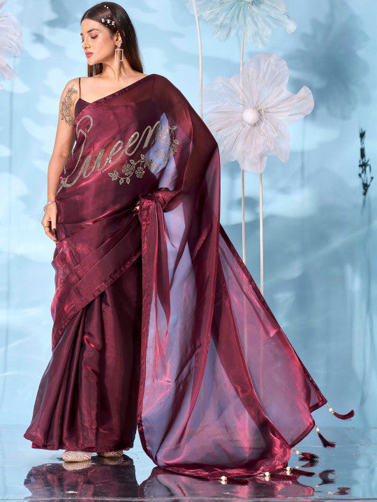 Embellished Embroidered Satin Designer Saree