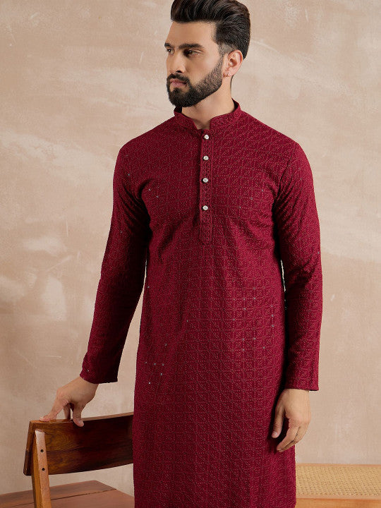 Anouk Geometric Embroidered Mandarin Collar Sequinned Straight Kurta