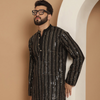 Anouk Black Striped Band Collar Sequinned Detailed Cotton Straight Kurta