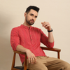 Anouk Men Coral Red Embroidered Mandarin Collar Short Kurta