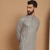 Anouk Grey Striped Band Collar Sequinned Detailed Cotton Straight Kurta