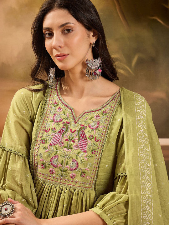 Sangria Women Ethnic Motifs Embroidered Cotton Kurta with Trousers & Dupatta