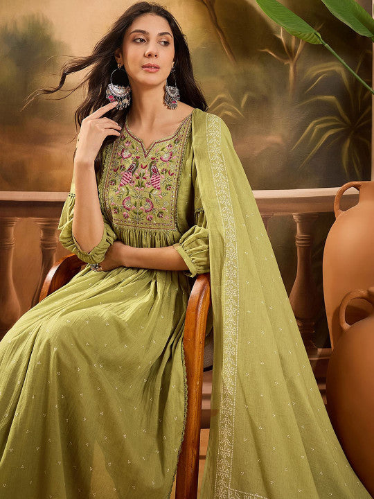 Sangria Women Ethnic Motifs Embroidered Cotton Kurta with Trousers & Dupatta