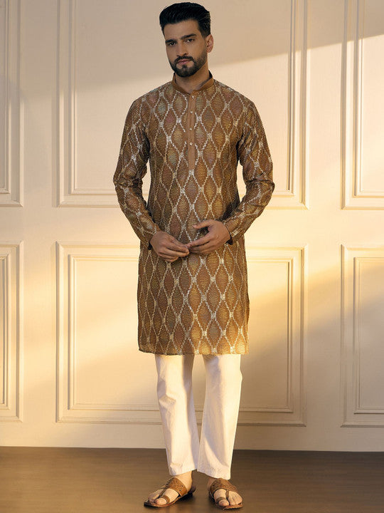 Anouk Brown Geometric Embroidered Gotta Patti Pure Cotton Straight Kurta