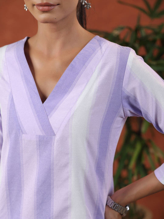 Striped V-Neck Pure Cotton Straight Kurta With Trousers