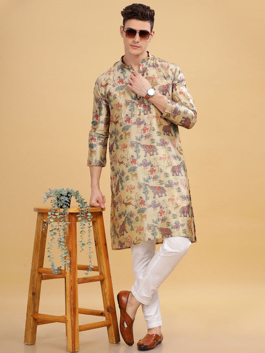 Anouk Cream-Coloured Animal Floral Printed Mandarin Collar Straight Kurta