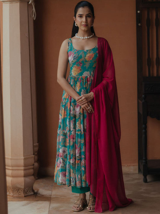 anayna Women Floral Printed Tiered Kurta with Trousers & With Dupatta