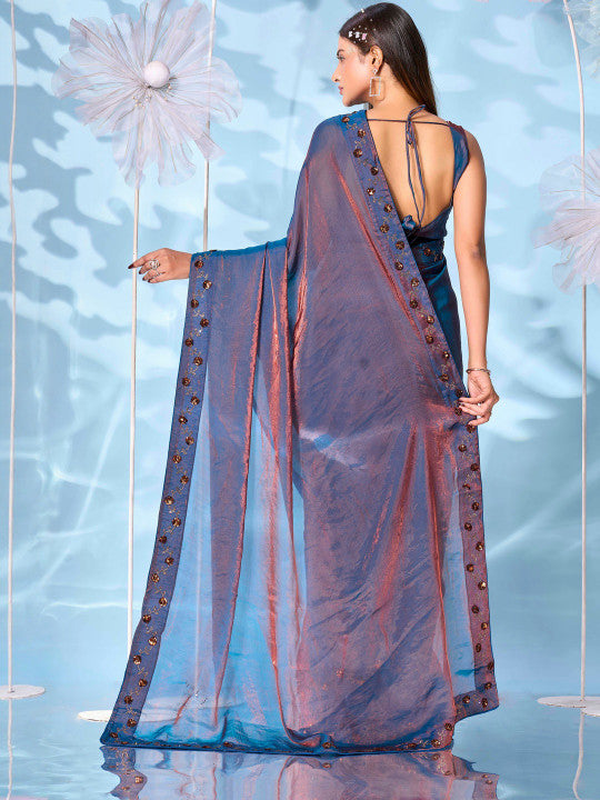 Embellished Satin Two Toned Saree With swaroski Border and sequinned butta