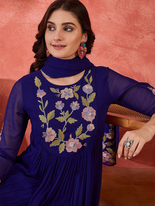 Sangria Floral Yoke Design Straight A-Line With Trouser And Dupatta
