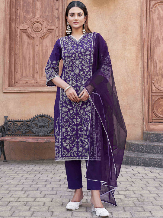 Women Embroidered Regular Thread Work Pure Cotton Kurta with Trousers & With Dupatta