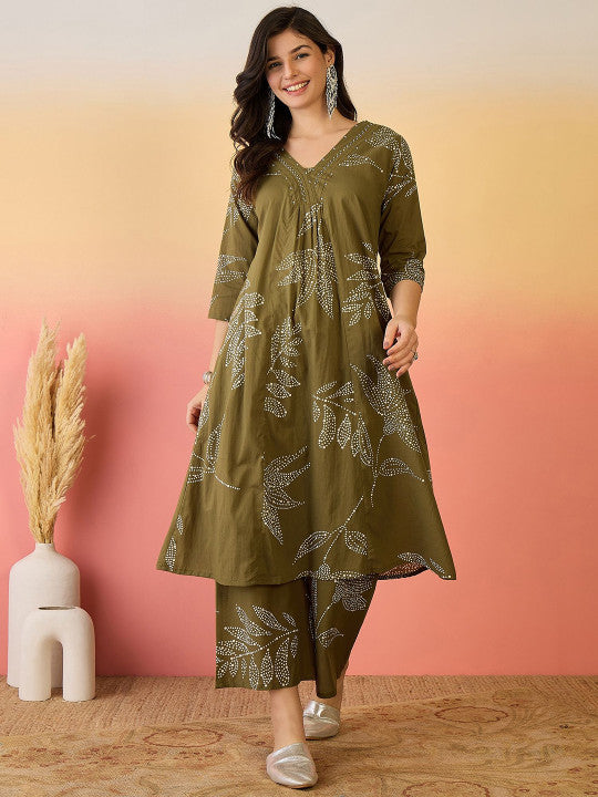 Sangria Green Floral Printed V-Neck A-Line Pure Cotton Kurta Set