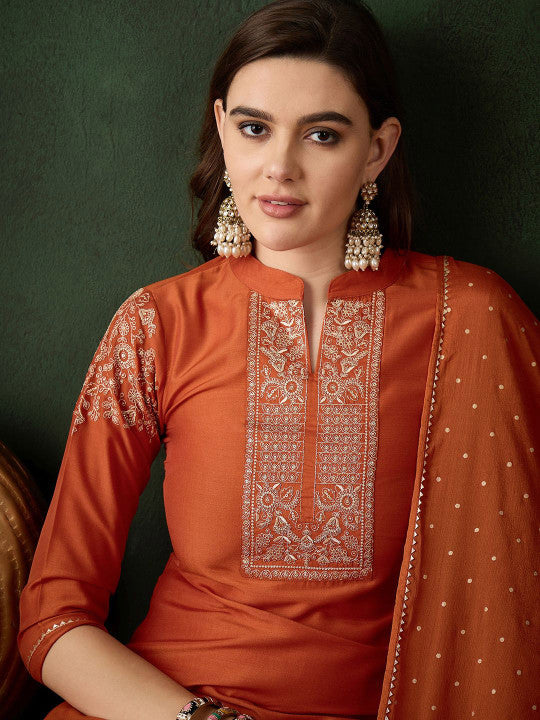Sangria Zari Sequence Embroidered Straight Kurta & Trouser With Dupatta