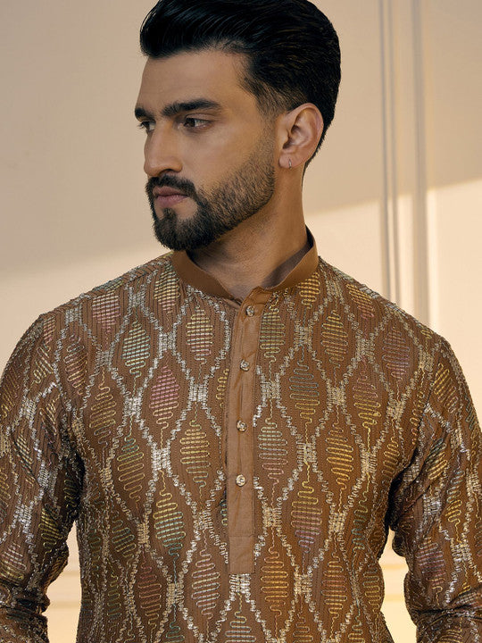 Anouk Brown Geometric Embroidered Gotta Patti Pure Cotton Straight Kurta