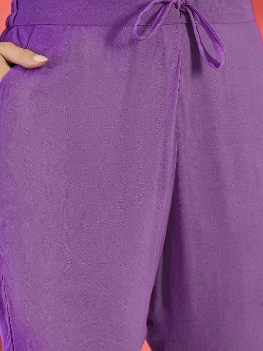 Sangria Floral Embroidered V-Neck Sequinned Straight Kurta Trousers & Dupatta