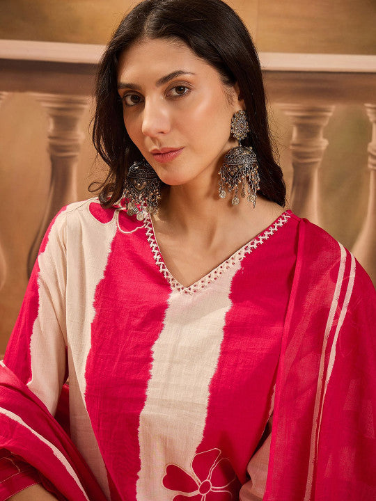 Sangria Floral Printed V Neck Pure Cotton Straight Kurta With Trousers & Dupatta