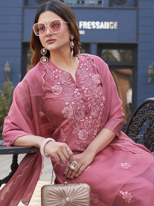 Women Floral Embroidered Regular Thread Work Kurta with Trousers & With Dupatta