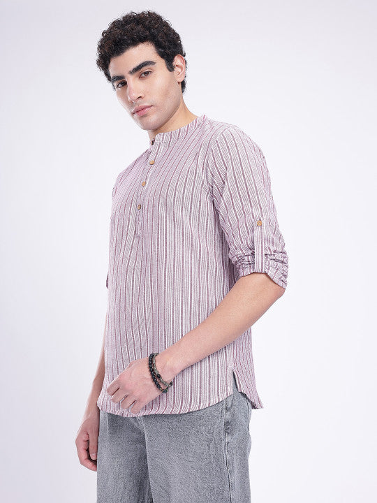 Anouk Rustic Band Collar Woven Design Striped Roll-Up Sleeves Kurta