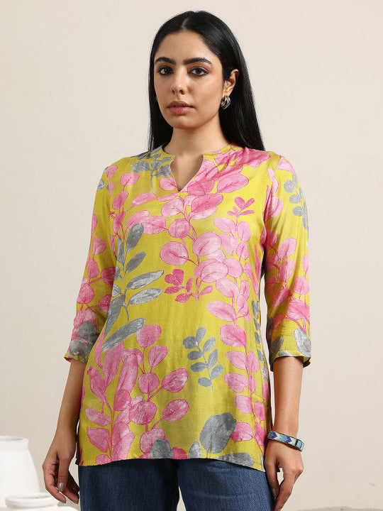 Women Silk Mandarin Collar Printed Tunic