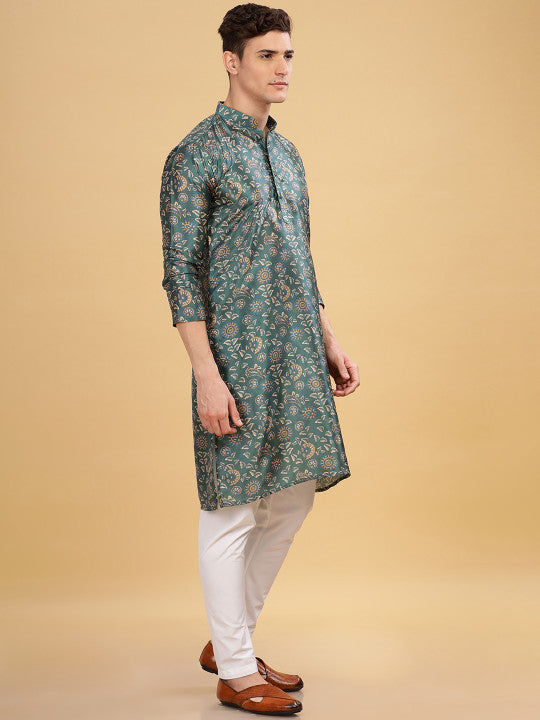 Anouk Green Floral Printed Mandarin Collar Straight Kurta