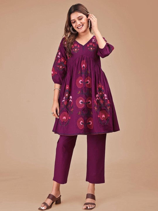 Embroidered V Neck Tunic With Trousers Co-Ords