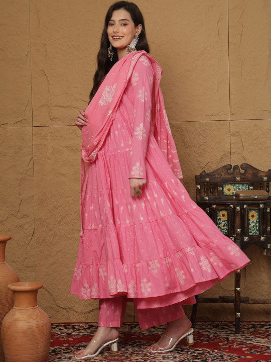 Sangria Floral Embroidered Empire Anarkali Pure Cotton Kurta & Palazzo With Dupatta