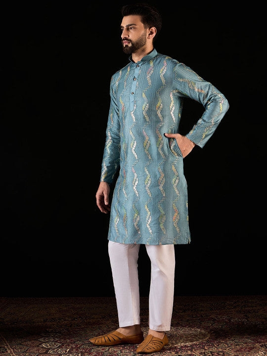 Anouk Teal Blue Geometric Gotta Patti Embroidered Mandarina Collar Straight Kurta