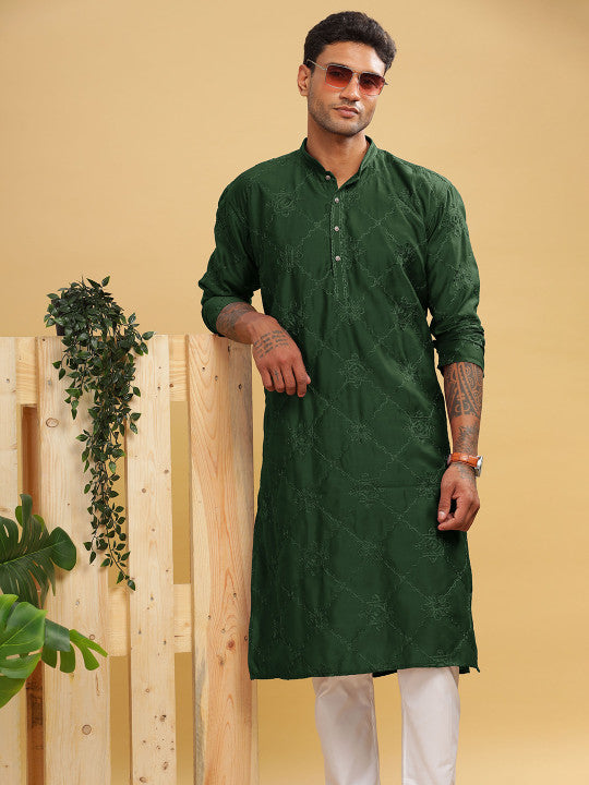 Anouk Green Ethnic Motifs Embroidered Band Collar Thread Work Cotton Straight Kurta