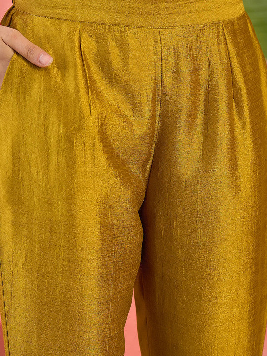 Sangria Yellow Zari Embroidered Straight Kurta With Trouser And Dupatta