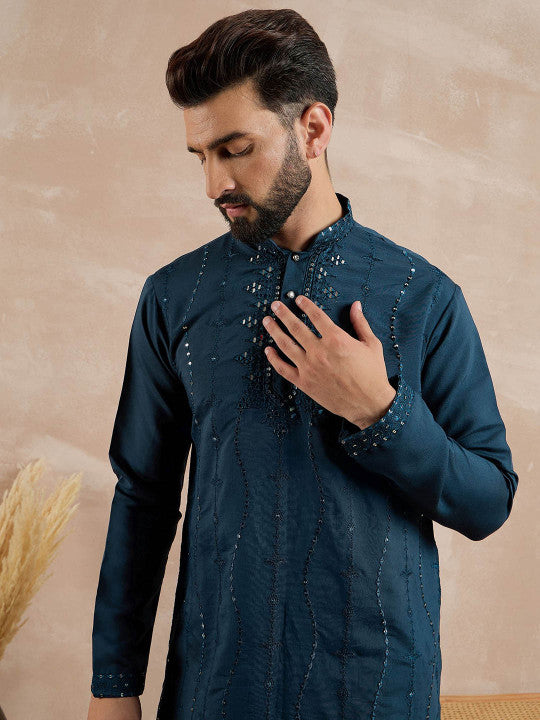 Anouk Floral Embroidered Mandarin Collar Mirror Work Straight Kurta