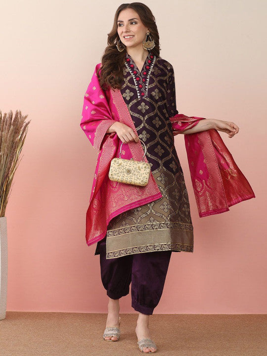 Sangria Woven Design Embroidered Banarasi Straight Kurta With Salwar & Dupatta