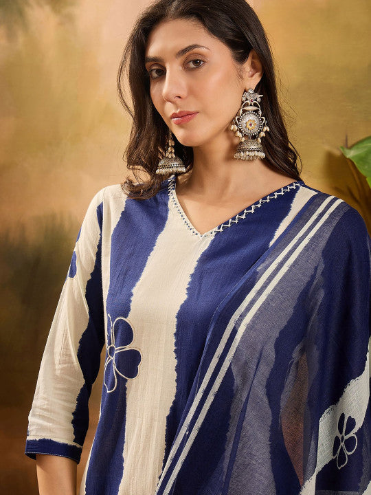 Floral Printed V-Neck Pure Cotton Straight Kurta With Trousers And Dupatta