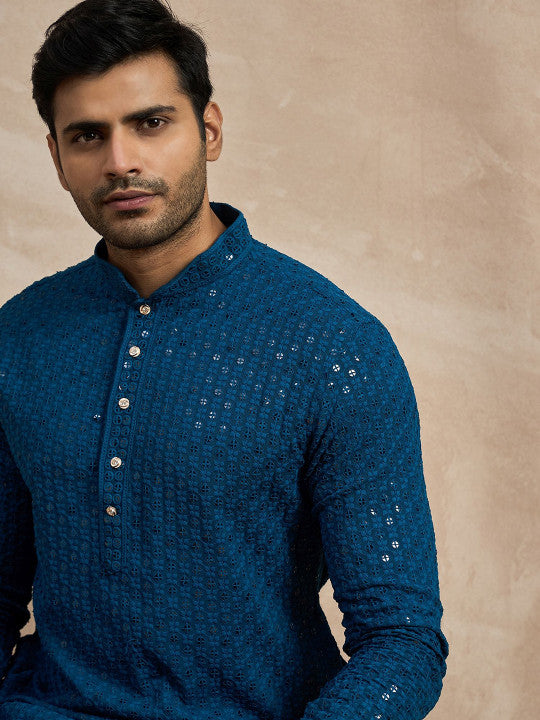 Anouk Floral Embroidered Band Collar Mirror Work Straight Kurta