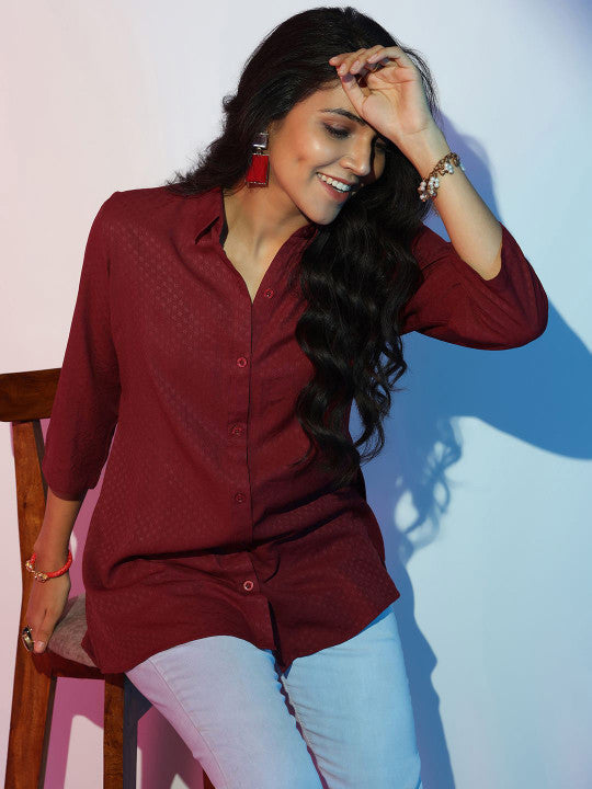 Women Self Design Shirt Collar Front Open Tunic