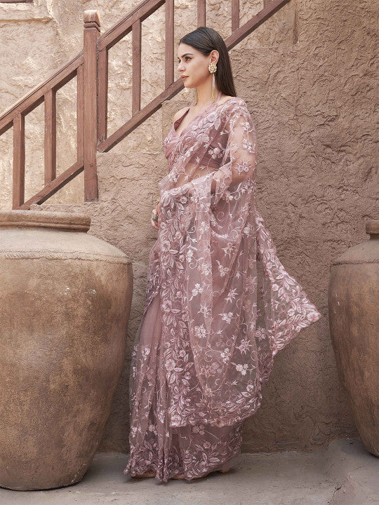 Tikhi Imli Floral Embroidered Net Saree With Scalloped Border