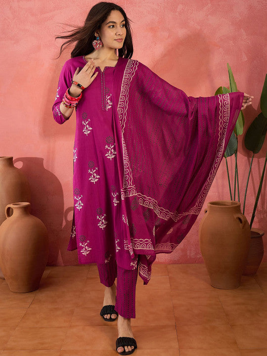 Sangria Floral Printed Pure Cotton Kurta & Trousers With Dupatta