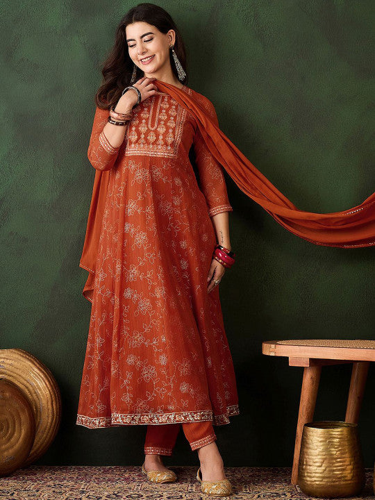 Sangria Floral Printed Zari Anarkali Kurta With Trousers & Dupatta