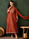 Sangria Floral Printed Zari Anarkali Kurta With Trousers & Dupatta