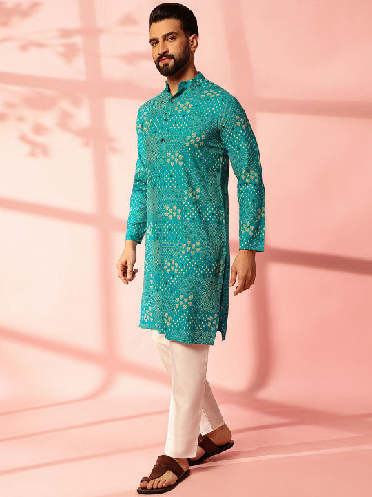 Anouk Floral Printed Band Collar Cotton Linen Straight Kurta