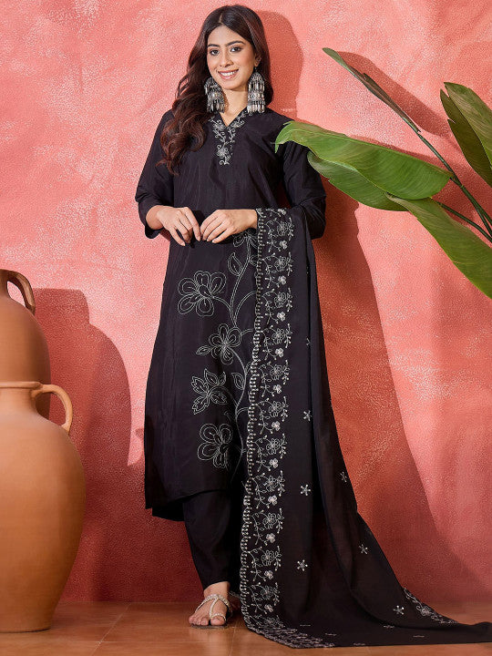 Women Floral Embroidered Silk Kurta with Trousers & Dupatta