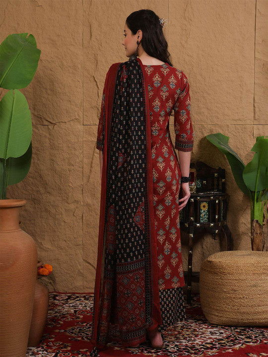 Sangria Printed Pure Cotton Round Neck Straight Kurta & Palazzo With Dupatta