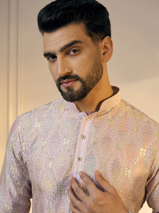 Anouk Pink Geometric Embroidered Gotta Patti Cotton Straight Kurta