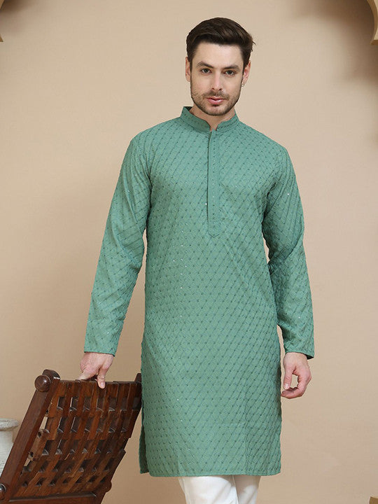 Anouk Men Embroidered Woven Design Mandarin Collar Knee Length Kurta