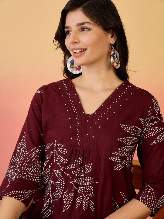 Sangria Floral Printed Beads And Stone Pure Cotton A-line Kurta With Palazzo